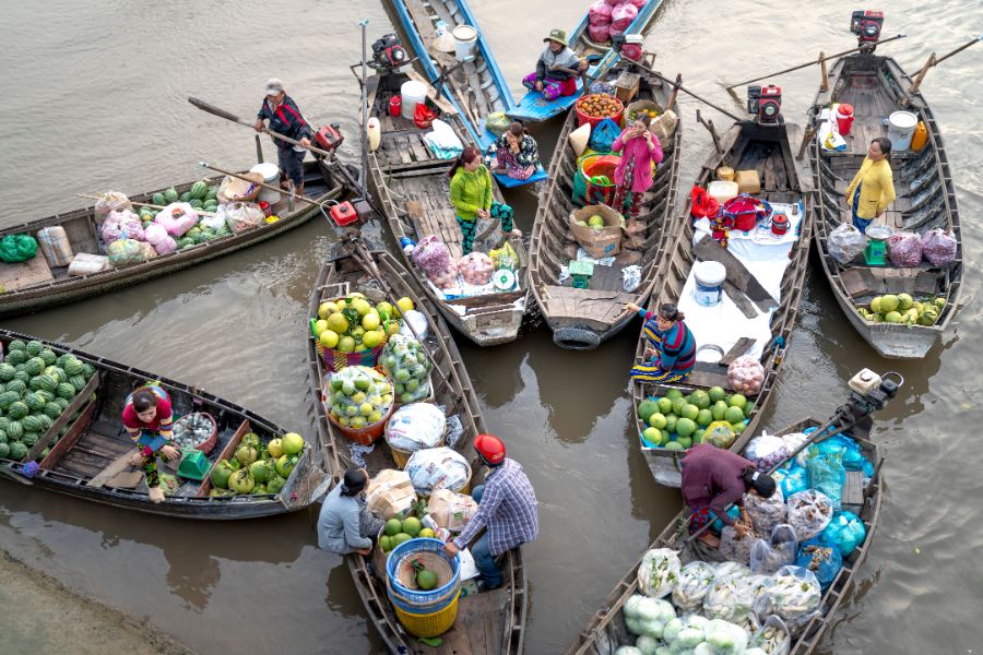 Boten markten varen Mekong Delta Zuid-Vietnam